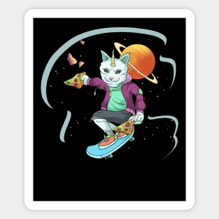 Space Unicorn Cat Pizza Lover - Skateboarding Magnet